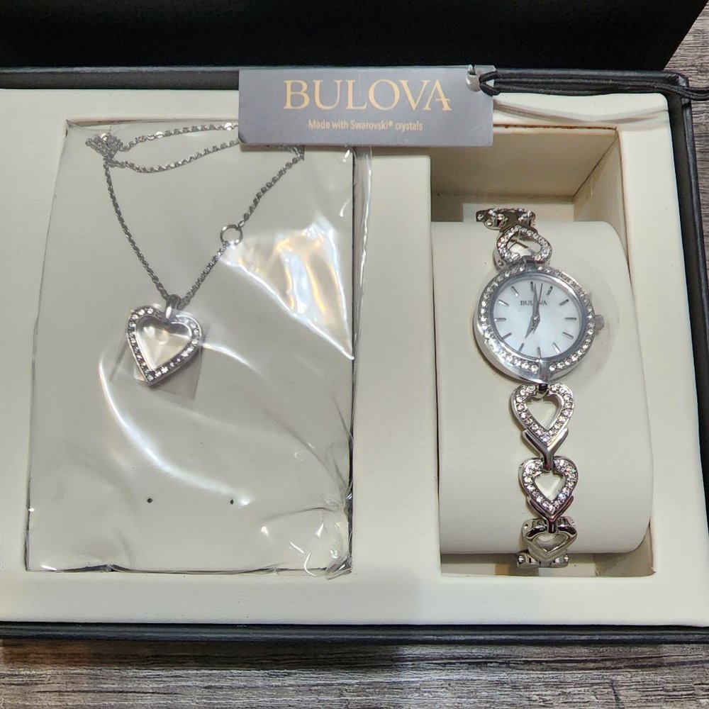 Bulova Box Set Quartz Ladies Watch, Stainless Steel Necklace w/ Crystal Pendant